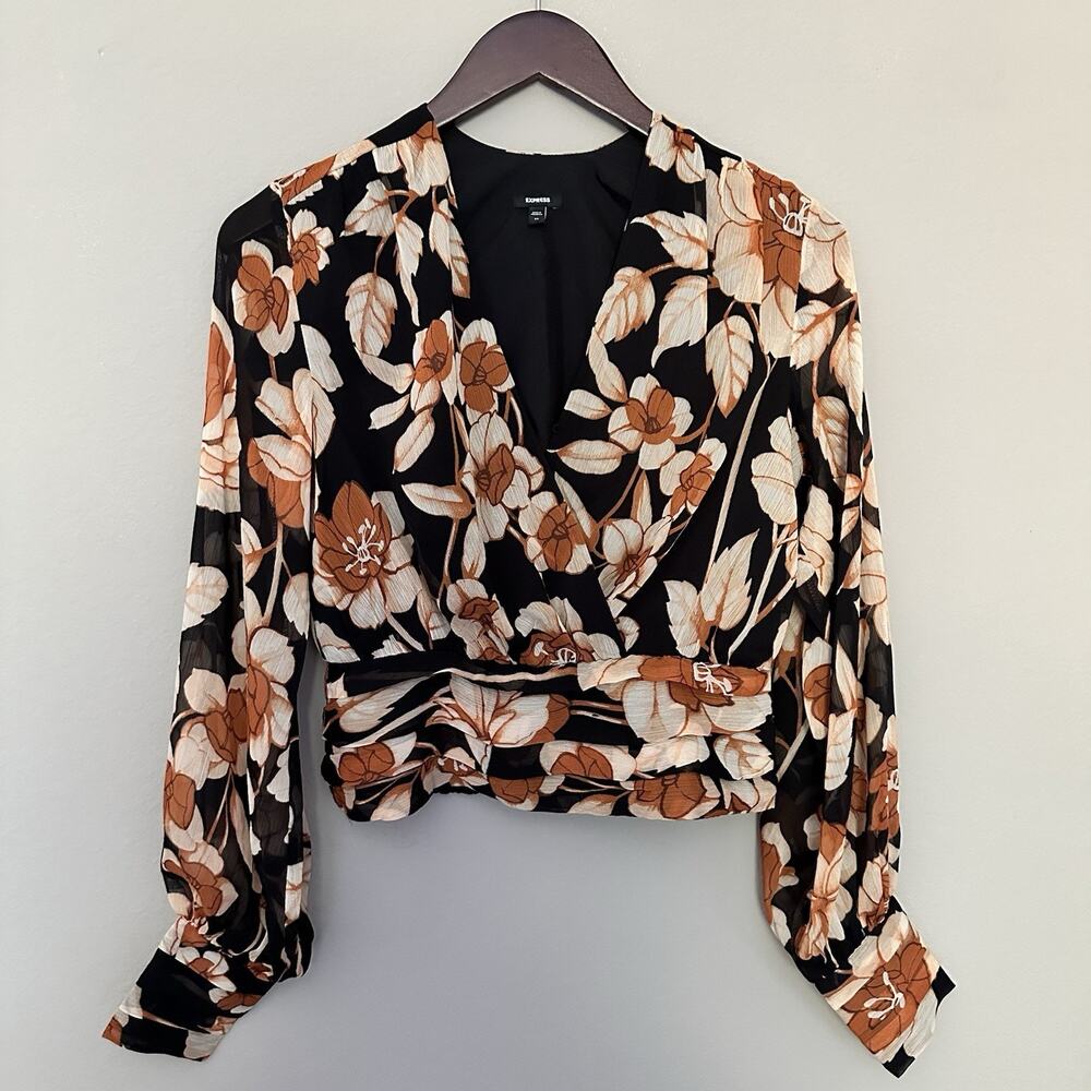 Express Black Rust Floral Wrap Cropped Blouse Boho Romantic Coquette Cottagecore